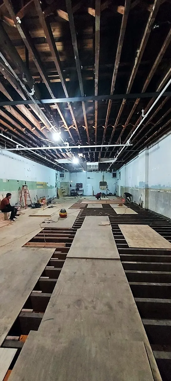 Long room with exposed ceiling joists and a subfloor strip during framing